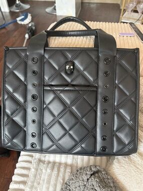 Betsy Johnson Black Quilted Top-Handle Bag with Skull Accent